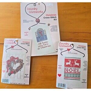 3 Christmas Counted Cross Stitch Kits Country Wireworks Hanger Wreath Noel Home